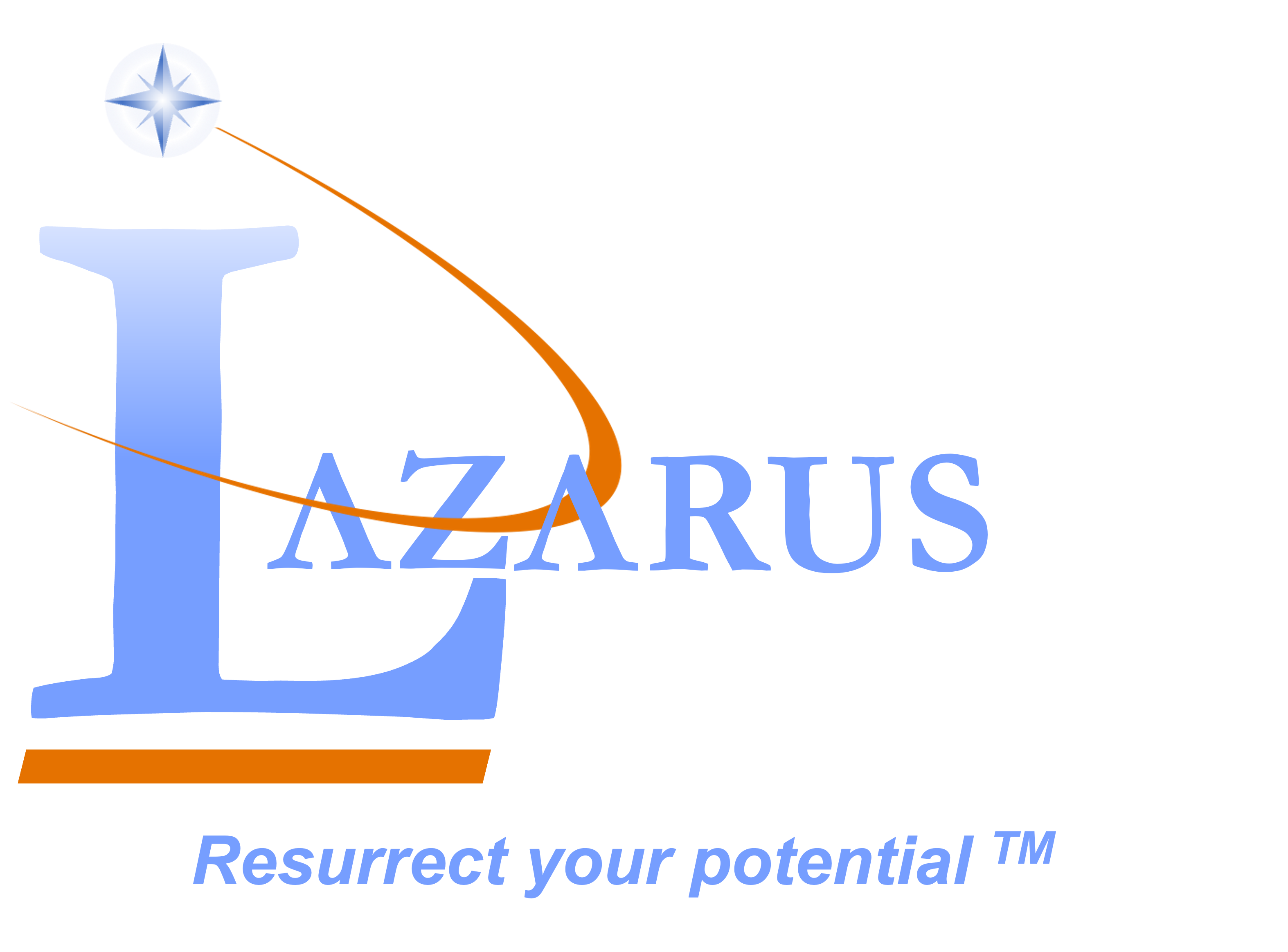 Lazarus logo with swooshing star and resurrect your potential tagline.